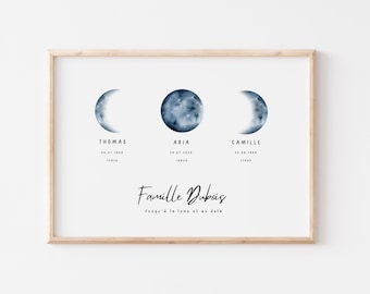 Affiche Personnalisée avec votre Lune de Naissance, Portrait de famille, Cadeau Naissance, Cadeau Unique, Lune personnalisée, Anniversaire