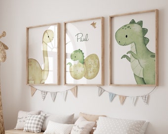 Dinosaur Poster Set of 3 - Trio of posters with Dinosaurs and First Name - First Name Poster - Children's Room - Dinosaur Theme -