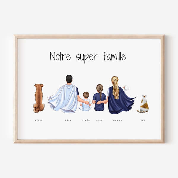 Affiche famille super héros personnalisée, portrait de famille personnalisable, super famille, famille super héros avec capes, idée cadeau