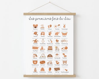 Affiche "Mes premières fois" personnalisée , Poster à tamponner, Déco murale chambre bébé, Cadeau original pour filles et garçons, Cacao