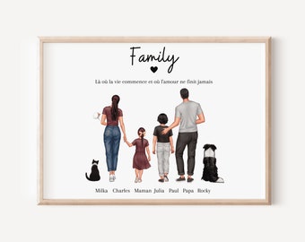 Affiche famille personnalisée, illustration portrait de famille, Cadeau souvenirs, Portrait Illustré - Créez Votre Histoire Visuelle