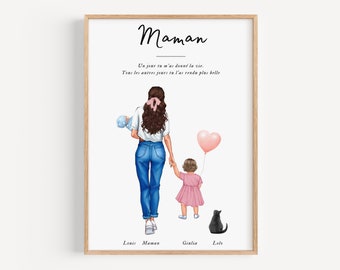 Affiche maman personnalisé, cadeau fête des mères, affiche maman et ses enfants à personnaliser, idée cadeau anniversaire