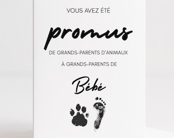 May include: A white greeting card with black text and paw print and footprint graphics. The card reads "YOU HAVE BEEN PROMOTED" and "FROM GRANDPARENTS OF ANIMALS TO GRANDPARENTS OF BABY".