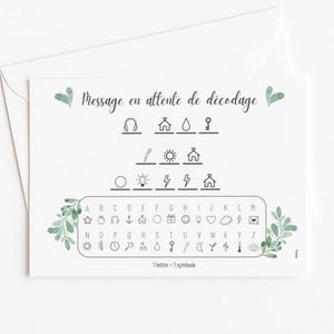 Berichtkaart om te ontcijferen, kaart om een zwangerschap aan te kondigen, een huwelijk, een geregistreerd partnerschap, om getuige of peetmoeder te zijn, gender reveal