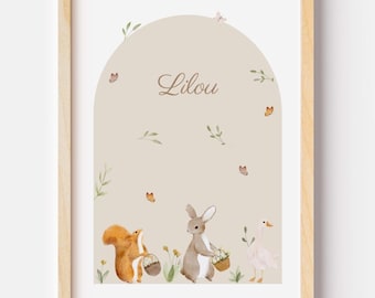Children's poster of forest animals - personalized name poster - baby room decoration - sweet baby gift - poster sold individually