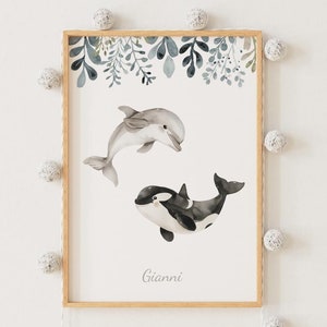 Affiche de Naissance Océan - Orque et Dauphin - Affiche Prénom - Cadeau de Naissance - Décoration Chambre Bébé