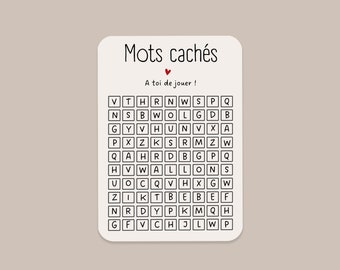 Annonce jeu mots cachés, Carte pour faire une annonce ou une demande, Carte surprise, Carte message personnalisé, Jeu Mots-cachés