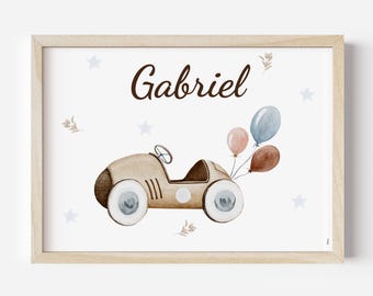 Car Name Poster, Customizable Name, Children's Car Decor, Watercolor Style, Children's Room, Car with Balloon and Name