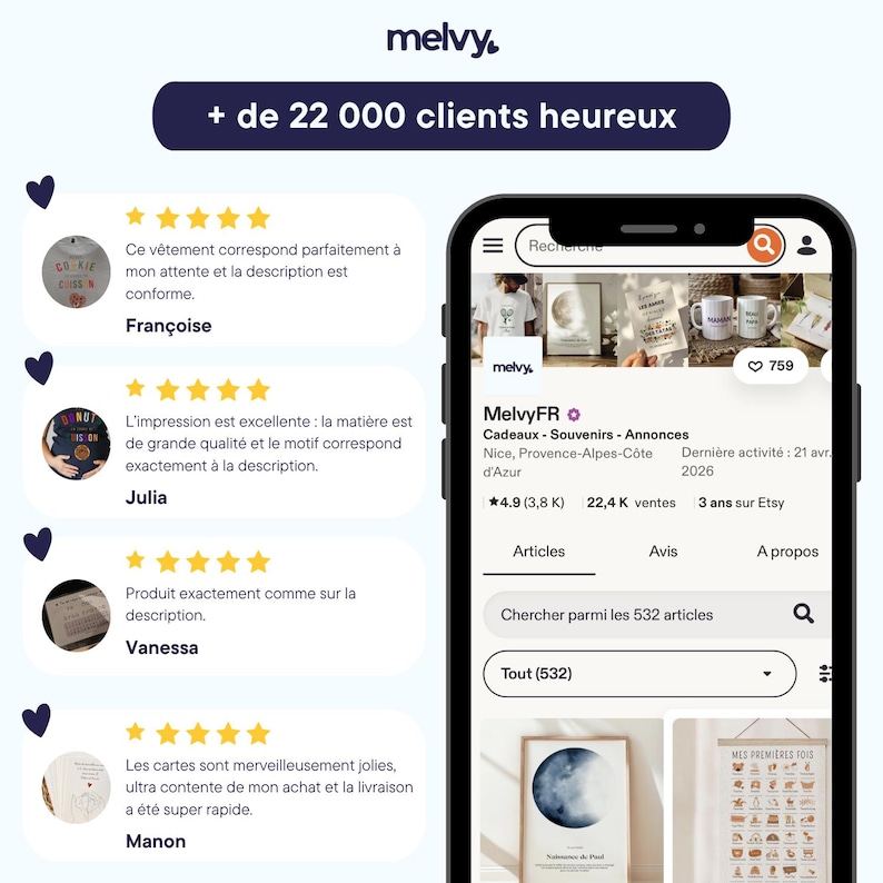 Puede incluir: Una captura de pantalla de un smartphone muestra la tienda de Etsy MelvyFR, con rese&ntilde;as de clientes y una barra de b&uacute;squeda. El logotipo de la tienda y un banner con el texto "+ de 22 000 clients heureux" son visibles.