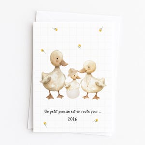 May include: A greeting card with a watercolour illustration of three ducks. The ducks are light beige with brown beaks and feet. The middle duck is wearing a hat and is emerging from an egg. The card has the text "Un petit poussin est en route pour... 2016".