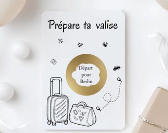 Tarjeta rasca y gana de viaje personalizada, prepara tu maleta, Billete rasca y gana, Viaje sorpresa, Destino sorpresa, Billete de vacaciones