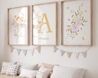 Ensemble affiches Enfant Lettre et Prénom Personnalisable - Fleurs - Décoration Chambre avec Prénom - Cadeau Originale - Magnifique Déco
