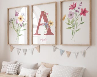 Trio affiches Lettre et Prénom Personnalisable - Fleurs - Décoration Chambre avec Prénom - Cadeau Originale - Déco Elegante