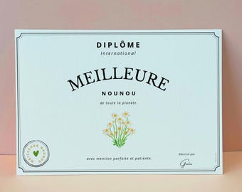 Diplôme Meilleure Nounou - Maîtresse - Remerciement - Fin d'Année - Anniversaire -  Mini Affiche A5 - Maîtresse - Personnalisable