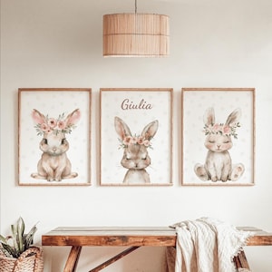 Affiches Lapin avec prénom, trio d'affiches personnalisables motif lapin et fleurs, set de 3 affiches avec prénom, Chambre Bébé, Sans cadre