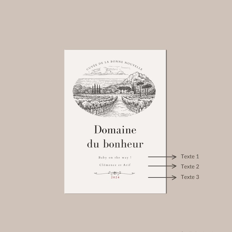 Puede incluir: Una tarjeta rectangular con fondo beige presenta una ilustraci&oacute;n en blanco y negro de un vi&ntilde;edo y el texto "Domaine du bonheur". Debajo, se muestra el texto "Baby on the way!" y nombres, con el a&ntilde;o 2024 en la parte inferior.