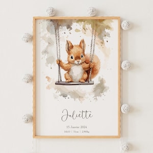 Poster Eichhörnchen - Anpassbares Geburtsposter - Geschenk zur Geburt - Tierthema - Babyzimmer - Kleines Baby-Eichhörnchen