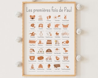Affiche "Mes premières fois" personnalisée , Poster à tamponner, Déco murale chambre bébé, Cadeau original pour filles et garçons, Cacao