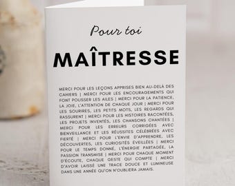 Carte Merci Maîtresse - Remerciement - Fin d'Année - Anniversaire - Carte Pour Toi Maîtresse - Personnalisable