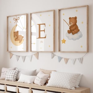 Lote de 3 láminas infantiles personalizables - Osos, Nubes y estrellas - Letra y Nombre - Magníficos láminas para habitación de bebé