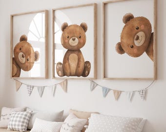 Bear poster set for baby's room - Hide and Seek teddy bear trio - unisex children's decor