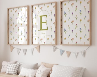 Ensemble de 3 affiches -  Prénom et Prénom Personnalisée - Fleurs - Décoration Chambre avec Prénom - Cadeau Originale - Décoration Unique