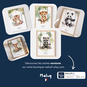 May include: A collection of framed watercolor art prints featuring adorable baby animals on swings. The prints include a tiger, lion, panda, raccoon, and deer, each with a name and date. The frames are light wood, and the overall theme is nursery decor.