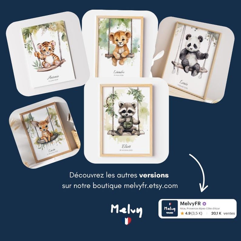 May include: A collection of framed watercolor art prints featuring adorable baby animals on swings. The prints include a tiger, lion, panda, raccoon, and deer, each with a name and date. The frames are light wood, and the overall theme is nursery decor.