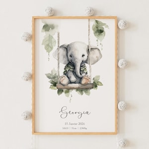 Cartel de elefante bebé - Personalizable - Cartel de nacimiento - Regalo de la habitación del bebé - Regalo de nacimiento - Decoración de animales