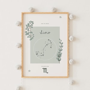 Green Astro Poster - Child and Baby - Personalized Poster - Zodiac - Baby Name Poster, Birth Gift - Astrological Sign