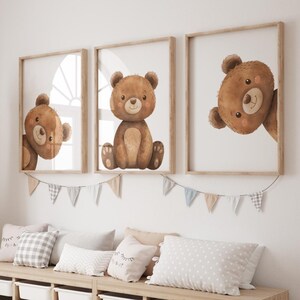 3 Posters Déco Chambre Bébé - Motifs Oursons Beige, Nuages, étoiles, 30x40 Cm Sans Cadre