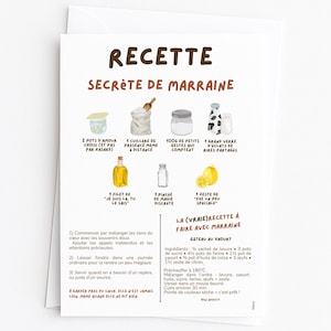 Peut inclure: Carte de recette illustrée, intitulée "RECETTE SECRÈTE DE MARRAINE". Elle présente des ingrédients dessinés et une recette de gâteau au yaourt. Les instructions et les mesures sont en français.