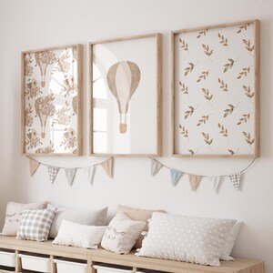 Trio of baby posters, hot air balloon, nursery decor, watercolor style, beige and brown, baby shower gift