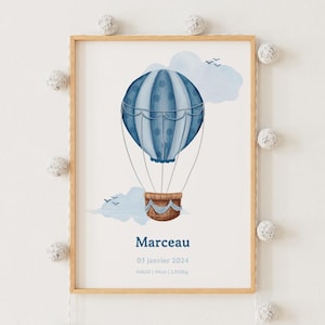 Cartel de nacimiento personalizado - Globo aerostático azul - Nube y pájaro - Cartel de nombre - Habitación para bebés - Tonos suaves - Regalo de nacimiento