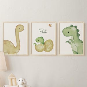 Juego de 3 pósteres de dinosaurios - Trío de pósteres con dinosaurios y nombres - Póster de nombre - Habitación infantil - Temática de dinosaurios - Sin marco