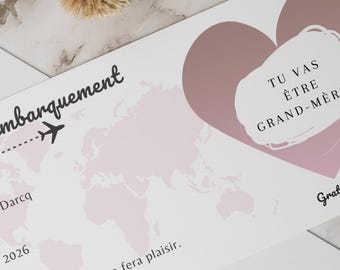 Carte à gratter billet d'avion personnalisable -  Carte d'embarquement - Carte Voyage -  Boarding pass Personnalisé - Cœur Rose
