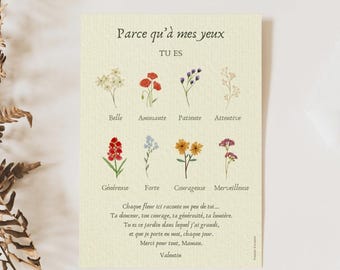 Cartão de flores para a mãe - Nome personalizável - Flores de herbário - Cartão de agradecimento - Cartão para presentear - Aniversário da mãe - Dia das mães
