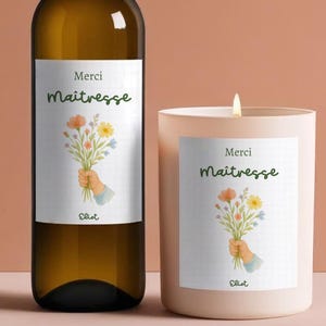Etiquette à Coller -  Merci Maîtresse - Nounou - Remerciement - Fin d'Année - Anniversaire - Bouteille, Bougie, Cadeau - Personnalisable