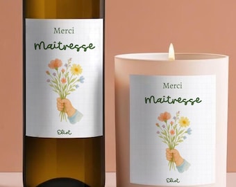Etiquette à Coller -  Merci Maîtresse - Nounou - Remerciement - Fin d'Année - Anniversaire - Bouteille, Bougie, Cadeau - Personnalisable