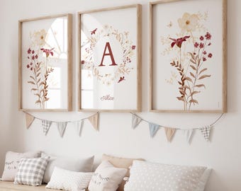Affiches enfants Lettre et Prénom Personnalisable - Fleurs - Décoration Chambre avec Prénom - Cadeau Originale - Déco Tendance