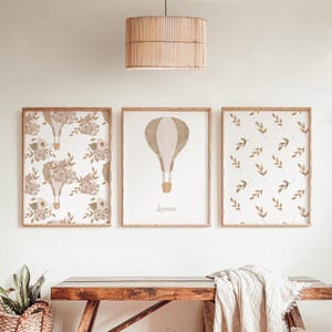 Baby room poster with first name, trio of customizable posters with hot air balloon motif, set of 3 posters with first name, Unframed
