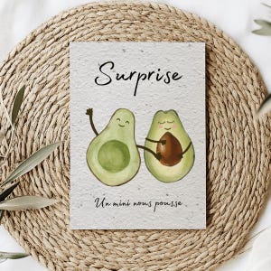 Tarjeta de embarazo plantable, tarjeta de aguacate, semillas de flores silvestres o albahaca, tarjeta plantable para anuncio de bebé, tarjeta con semillas