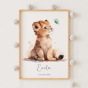 Poster zur Geburt eines Löwenbabys – Prächtiges, anpassbares Poster – Vorname und Geburtsinformationen – Löwenbaby und Schmetterling