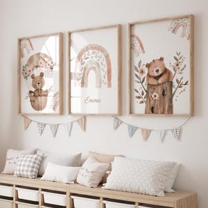 Set de pósteres infantiles personalizables - Nombre - Oso y Arcoíris - Trío de pósteres personalizados para la habitación del bebé