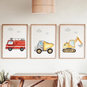 Set 3 affiches pour Enfant, Engin, Moto, Voiture, Camion de Pompier. Choisissez les illustrations souhaitées . Style Aquarelle.