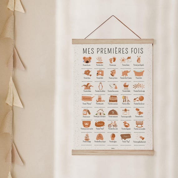 Affiche Mes premières fois, Poster à tamponner, Déco murale chambre bébé, Cadeau original pour filles et garçons, Ton Cacao