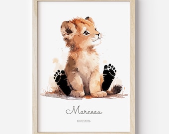 Lion Cub Footprint Poster, Baby Footprint, Baby Print, Personalized Birth Poster, Lion Poster, Inkwell Not Included