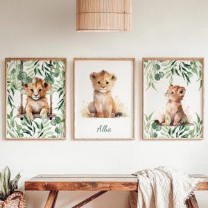 Set of First Name Posters, Jungle, Baby Lion, Customizable First Name, set of 3 posters with the theme of a lion cub and the jungle, Unframed