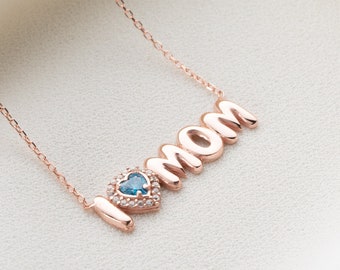 3D Bubbles Letters Mom Necklace With Birthstone, Balloon I Love Mom Necklace, Trendy Mother Birthstone Necklace, Gift For Mom, Grandma Gift
