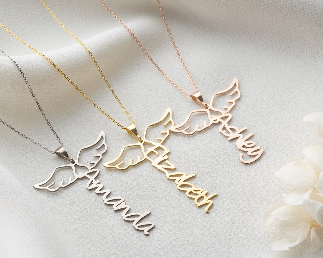 Deceased Person Name Necklace, Personalized Winged Name Necklace